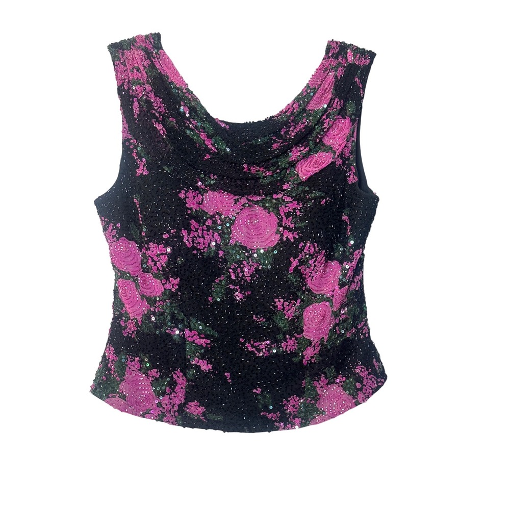 Andretta Donatello Silk Beaded Floral Cowl Neck Open Back Tank Top Black Pink